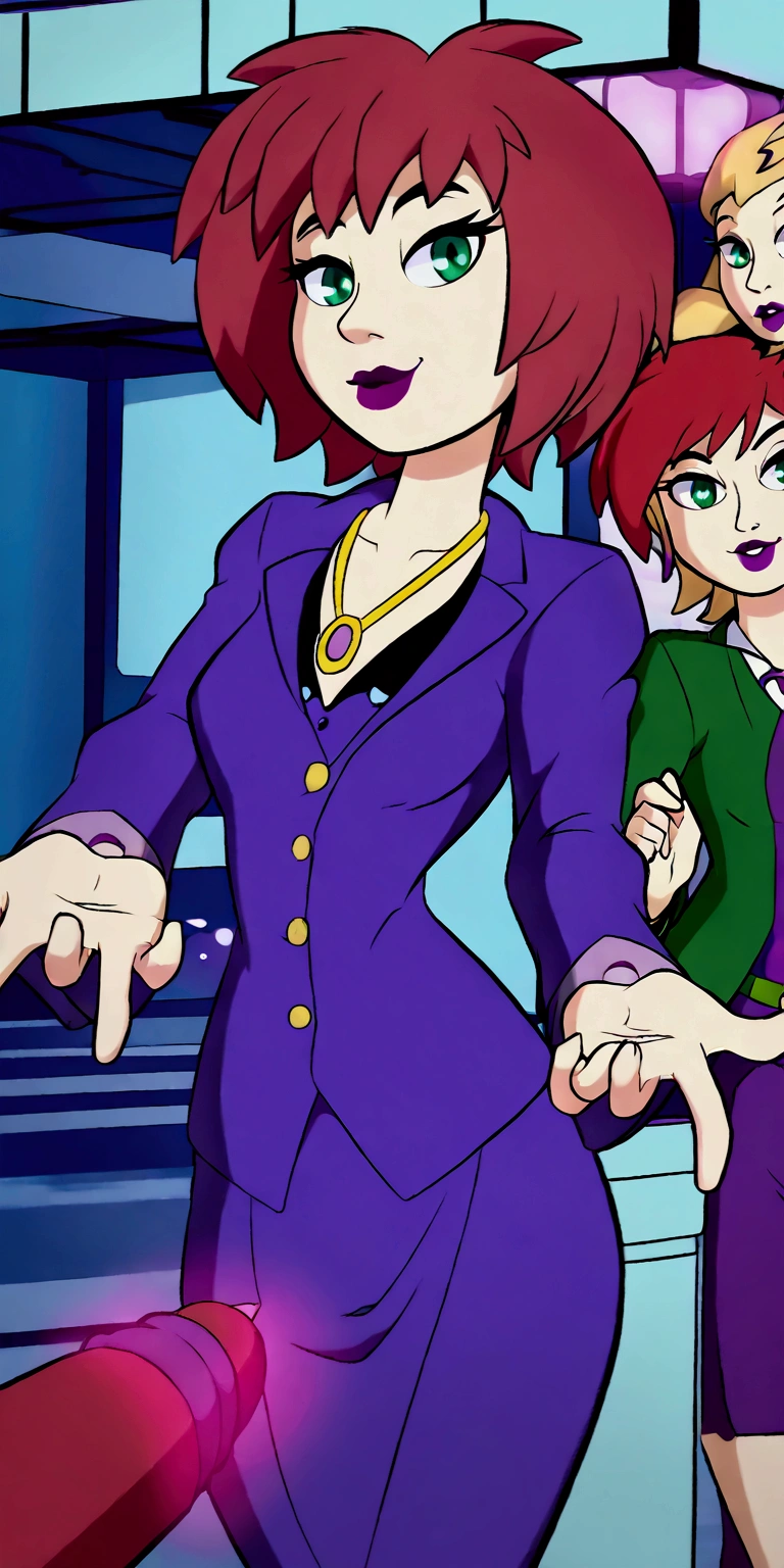 A cute girl, light skin, sexy, attractive, red hair, shiny cut, tousled, her green eye, dresses in a purple button-down buttoned long office coat and a long purple skirt with a black heel.
