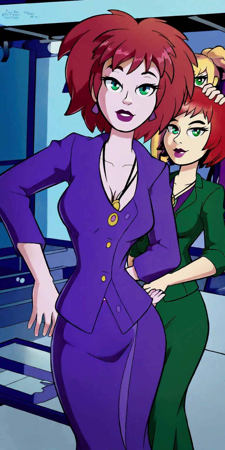 A cute girl, light skin, sexy, attractive, red hair, shiny cut, tousled, her green eye, dresses in a purple button-down buttoned long office coat and a long purple skirt with a black heel.