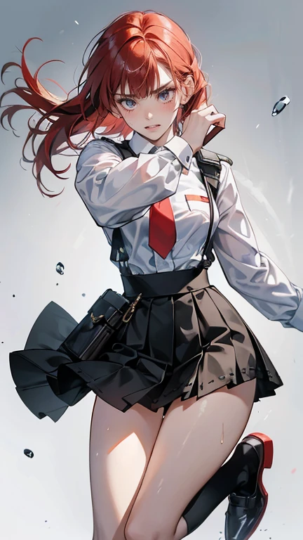 {{masterpiece}}, {{{Highest quality}}},{{Very detailed}}, {{figure}},{{tall}},{{Adult female}},,{{Fighting stance}},｛Ryona｝,{{Long sleeve mini skirt uniform}},{{Abuse power and lose}},}}{defensive posture}},{{Fight}},{Jumping},{Malaise}, ,{{distress}},{{Eyelet foot}},,{{}},{{}},,{{}},{{}},,Slender body}}{{Avoidance}}{{Female police officer}},,,,suspenders　,Long sleeve mini skirt uniform, White High Socks,Black fingerless gloves, Long Red Hair, Red tie,Straight hair ,Blunt bangs,Thigh holster,.amountn loafer,,blush,Wrinkles ,amount,Grit your teeth,suffering,v-shaped eyeamounts.,Sweat dripping,Medium chest ,get annoyed,,Slums,,Twisting,