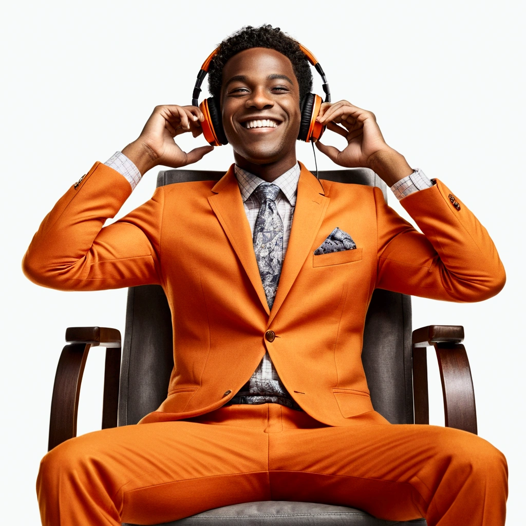 A detailed front view image of a young Black man smiling, wearing headphones, dressed in an orange suit, sitting relaxed in a chair with his hands behind his head, looking upwards, high-resolution and photorealistic, against a 100% white background.