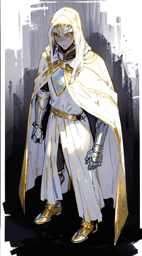 Templar warrior in armor, wearing armor and a white skirt, he also wears a cloak with gold borders, the leper king balduin iv