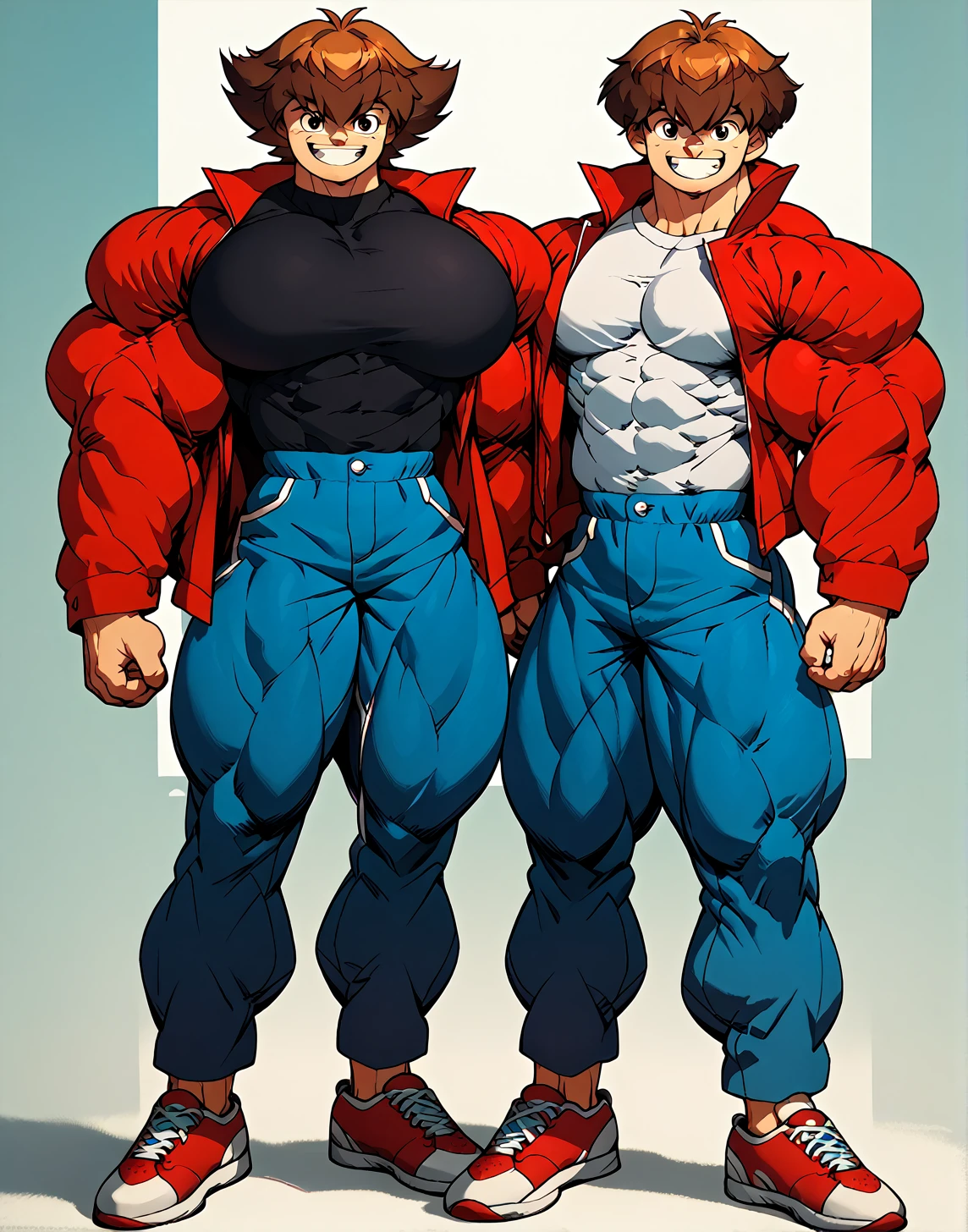 alone, Whole body,smiling , muscular, hypermuscle, huge muscle, big muscles, pectoral muscle , 1 chico  , big pecs , muscular thighs, muscular glutes  , young , cheered up , yu give oh! , jaden yuki  , black shirt, Red jacket, blue pants, Red shoes, Brown hair , pokkuti , hyper
muscular , boy, male, 