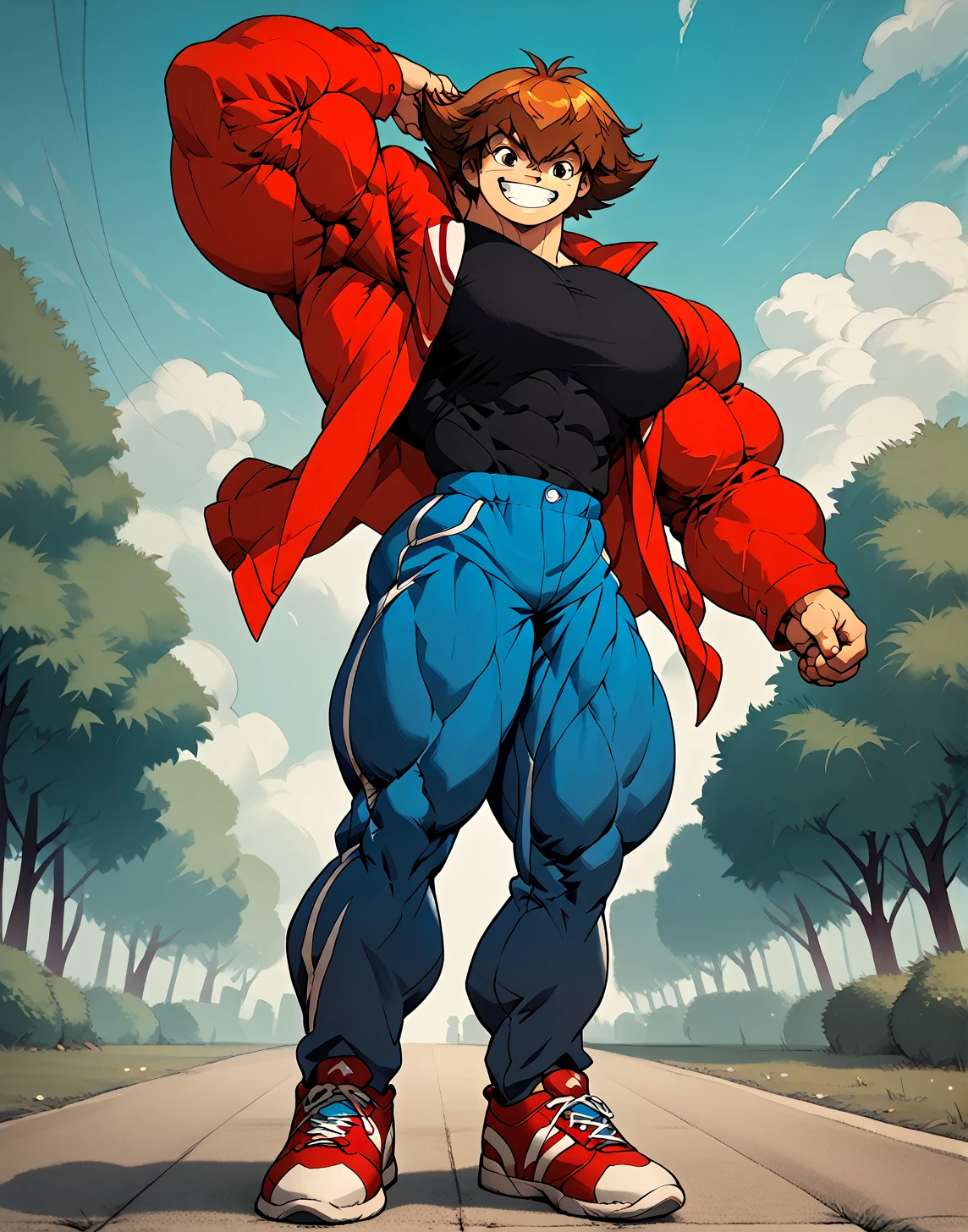 alone, Whole body,smiling , muscular, hypermuscle, huge muscle, big muscles, pectoral muscle , 1 chico  , big pecs , muscular thighs, muscular glutes  , young , cheered up , yu give oh! , jaden yuki  , black shirt, Red jacket, blue pants, Red shoes, Brown hair , pokkuti , hyper
muscular , boy, male, 