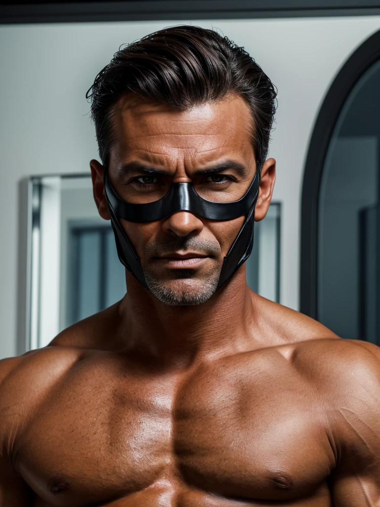 (best quality), 1boy, Male, mature male, 46 years old, miguel o'hara, tanned skin, dark brown hair, short hair, hair slicked back, strands over eye, slightly wavy hair, brown eyes, perfect eyes, supervillain costume, masked villain, muscular, handsome, high cheekbones, strong jawline, masterpiece, anatomically correct, highres
