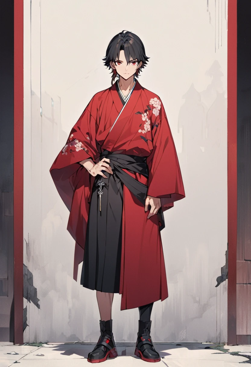 A anime man, black short hair, mullet haircut split in the middle, red eye, black and red kimono, standing, full body, 22age, slightly muscular body, blank scenery