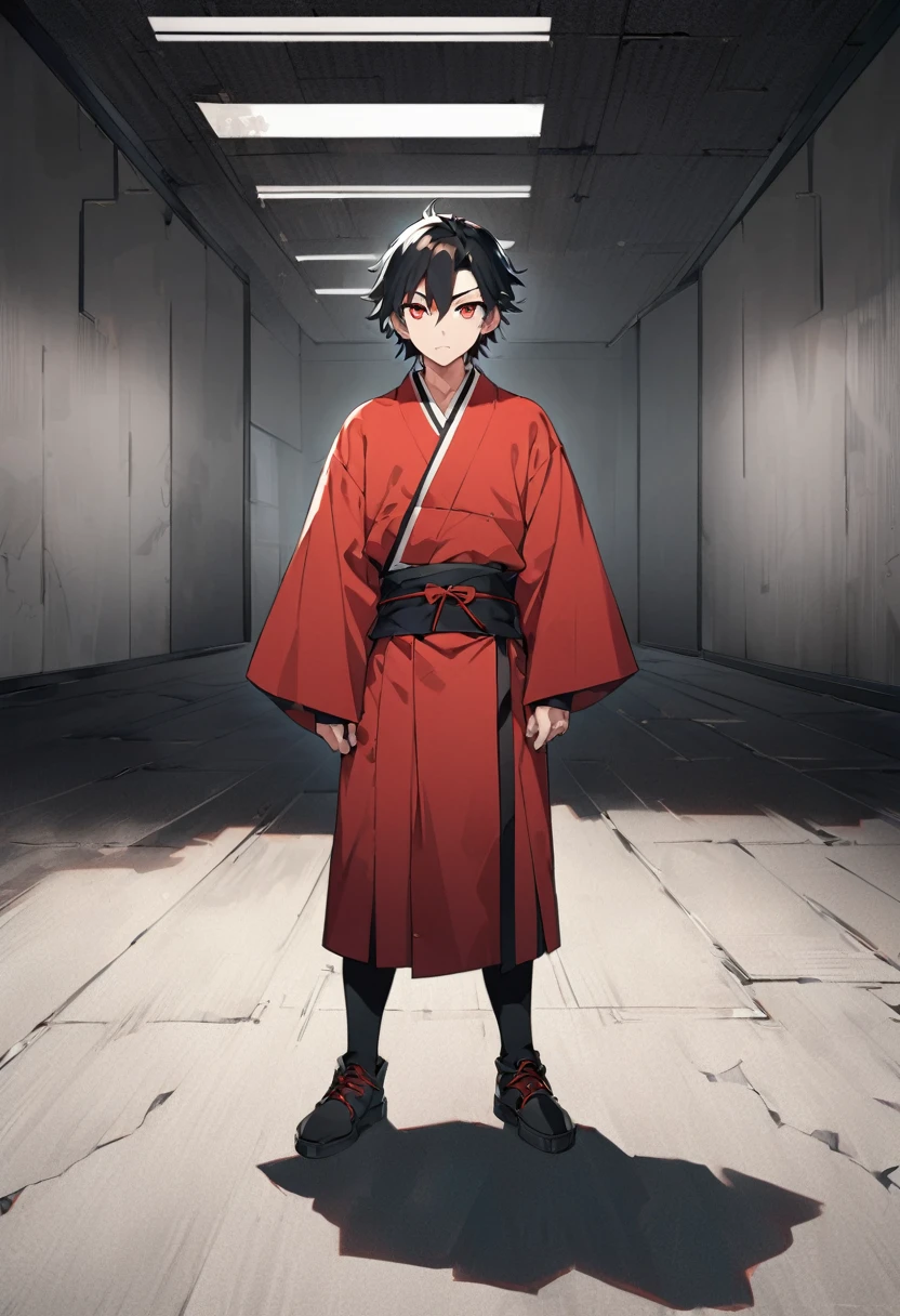 A anime man, black short hair, mullet haircut split in the middle, red eye, black and red kimono, standing, full body, 22age, slightly muscular body, blank scenery