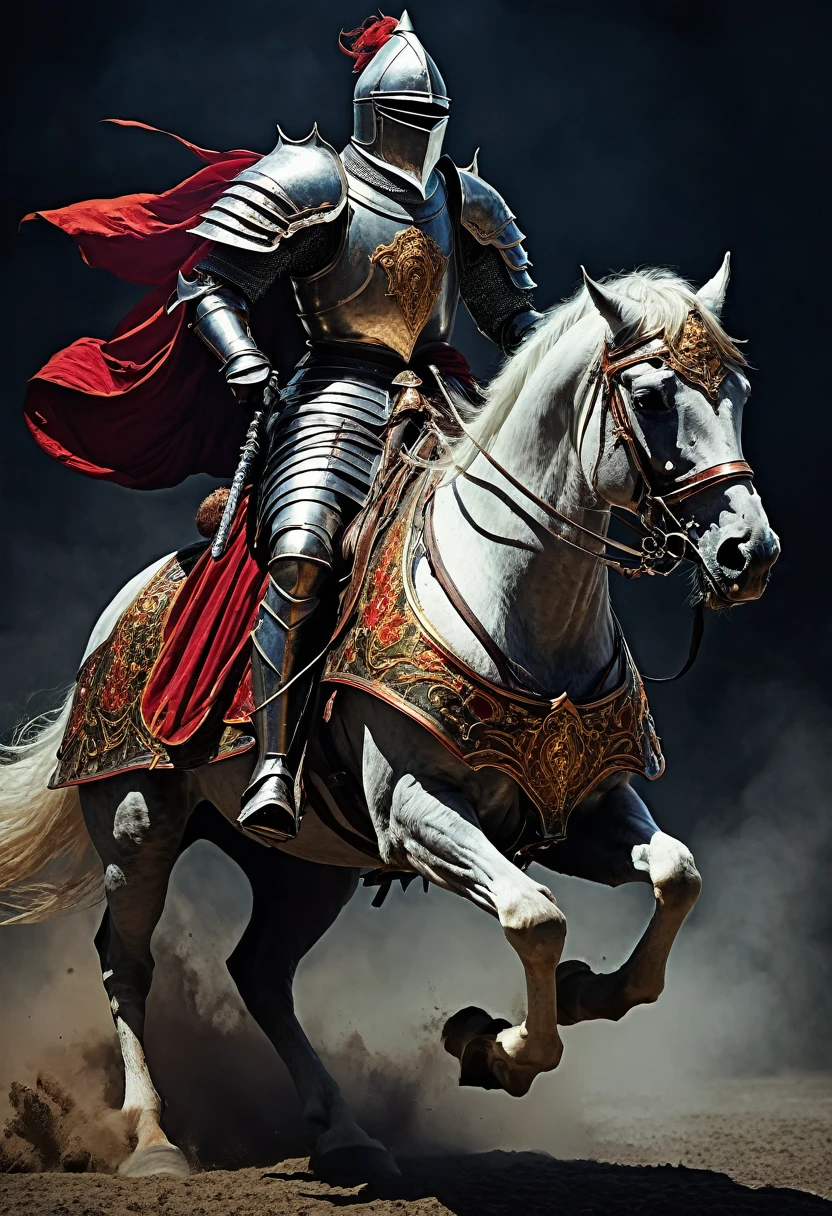 A knight in flamboyant armor riding a monstrous horse in elder ring style