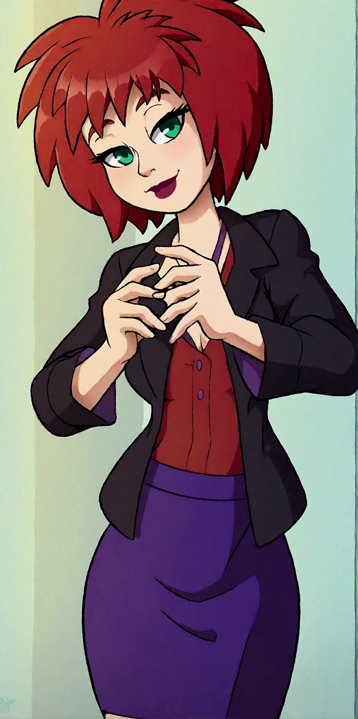 A cute girl, light skin, sexy, attractive, red hair, shiny cut, tousled, her green eye, dresses in a purple button-down buttoned long office coat and a long purple skirt with a black heel.