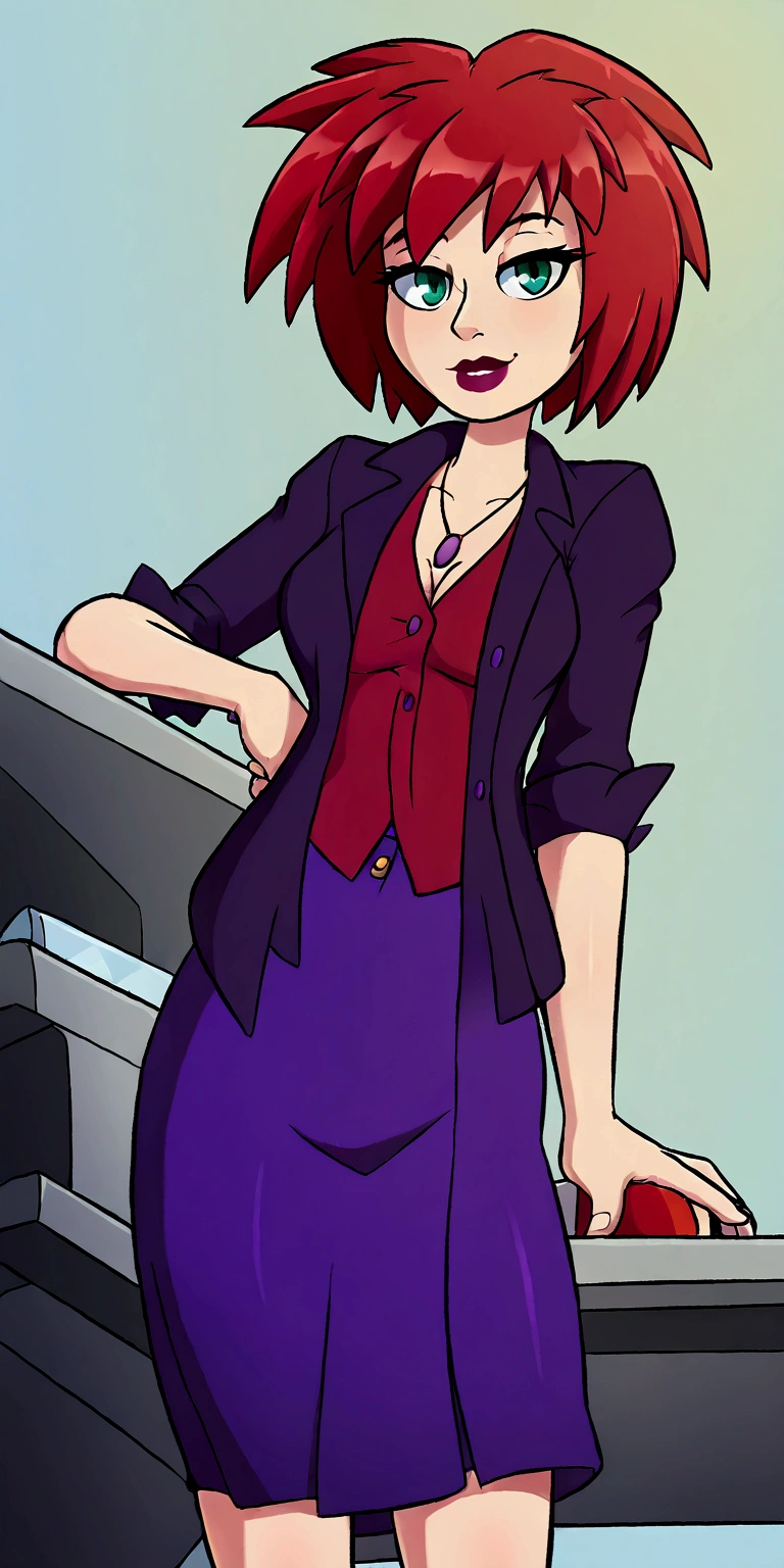 A cute girl, light skin, sexy, attractive, red hair, shiny cut, tousled, her green eye, dresses in a purple button-down buttoned long office coat and a long purple skirt with a black heel.