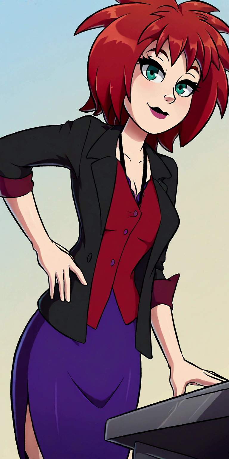 A cute girl, light skin, sexy, attractive, red hair, shiny cut, tousled, her green eye, dresses in a purple button-down buttoned long office coat and a long purple skirt with a black heel.