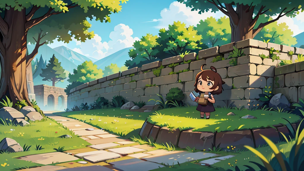 chibi landscape image, green grass, very tall stone brick wall, dirt road leading away from it