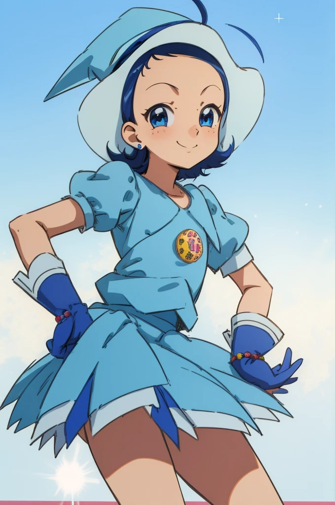 masterpiece,beautiful,high quality,1girl,cute ,detailed face,young,smile, ojaksnmgc ,blue eyes, blue hair, short hair, bangs, ahoge, witch hat,blue dress, long sleeves,blue skirt, short skirt, puffy sleeves, blue gloves,
