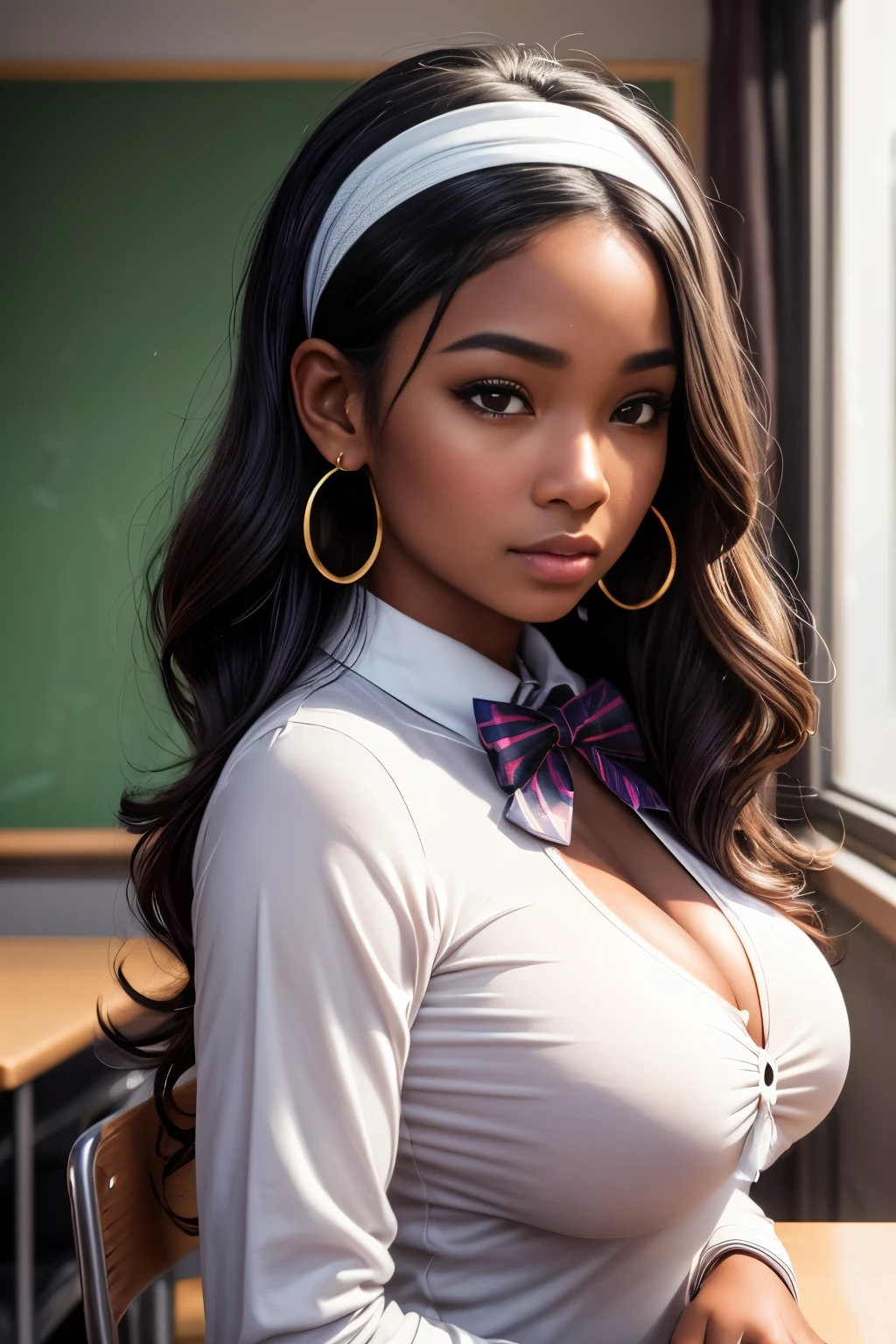 (Portrait), (zoom-in), Masterpiece, high quality, high resolution, volumetric lighting, subsurface scattering, 8k, Beautiful woman, (dark skin), phillipino, college student, uniform, (large breasts), (tight-long-sleeve-blouse), (bowtie), wavy hair, headband, hoop earings, classroom, sexy pose, seductive pose