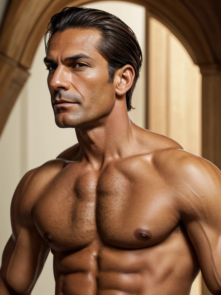 (best quality), 1boy, Male, mature male, 46 years old, spanish, tanned skin, dark brown hair, short hair, hair slicked back, strands over eye, slightly wavy hair, brown eyes, perfect eyes, muscular, handsome, high cheekbones, strong jawline, rich clothes, masterpiece, anatomically correct, highres
