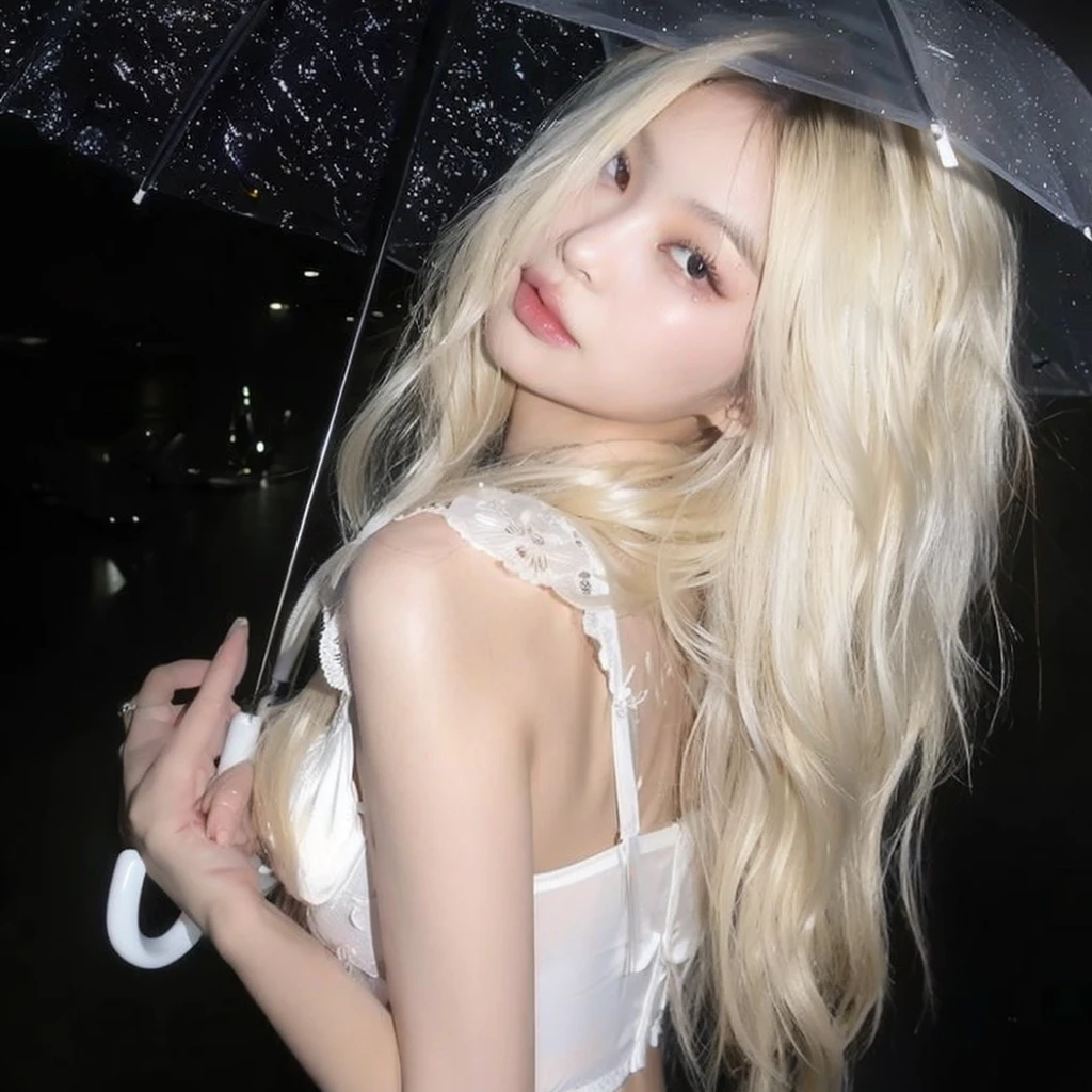 Blonde girl with Asian features Jennie from Blackpink with prominent breasts