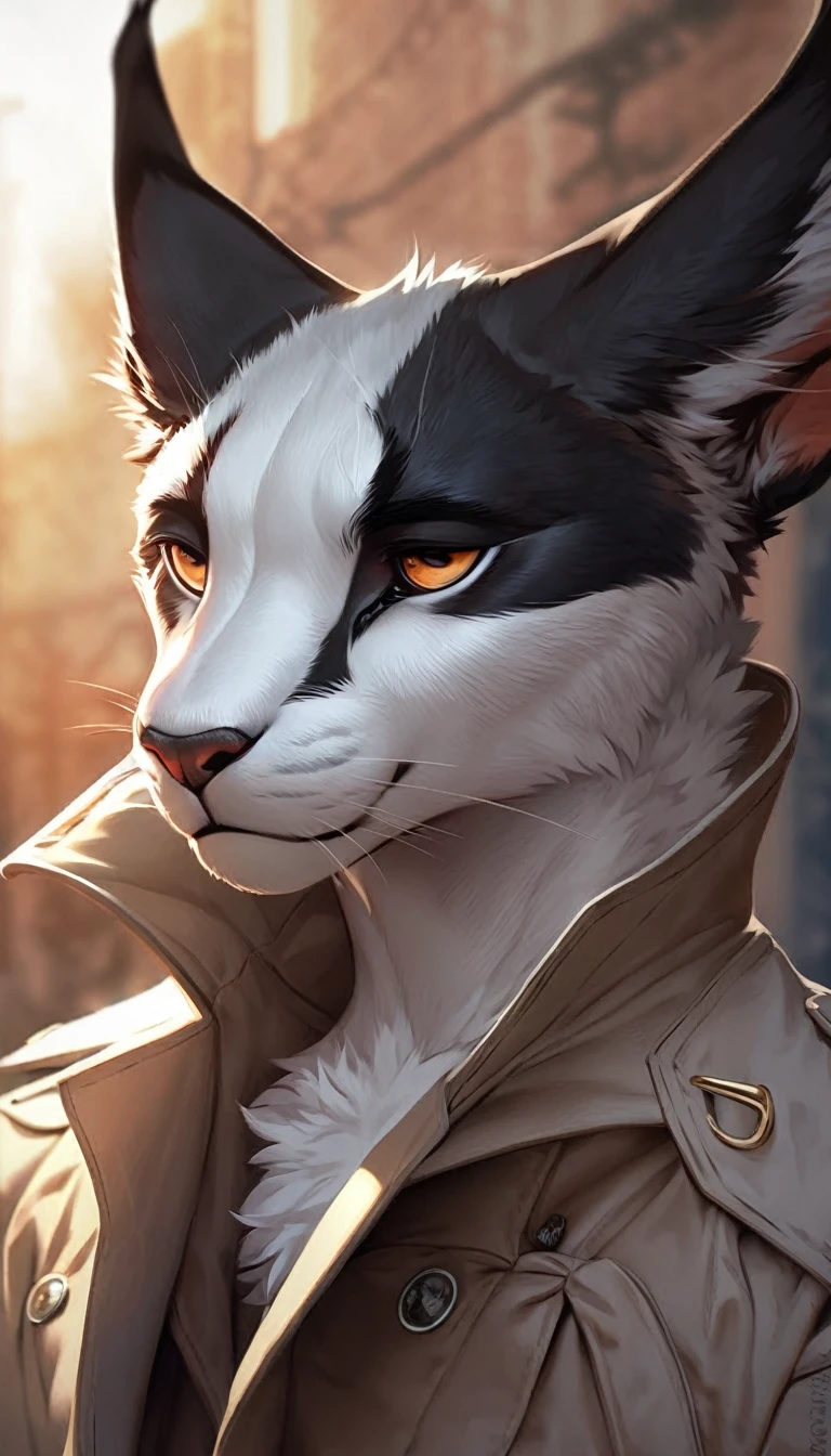 white caracal, black ears, in trenchcoat, digital art, (detailed:1.5), male, great details, perfect anatomy, solo, masterpiece, best quality, 24k