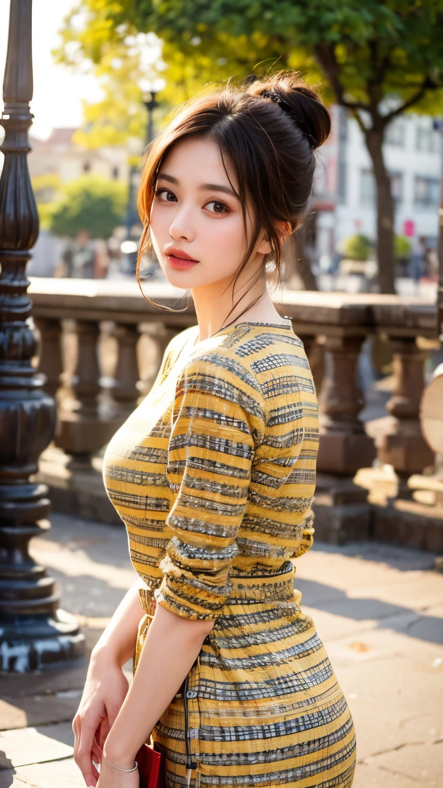 1 girl, hair bun, beautiful girl, mmTD burmese patterned traditional dress, yellow dress, outdoor, perfect light, masterpiece, best quality, ultra detailed, cinematic feels, looking at the viewer, 8k, RAW photo, realistic, photo realistic, intricately detailed, UHD, full HD, ultra resolution