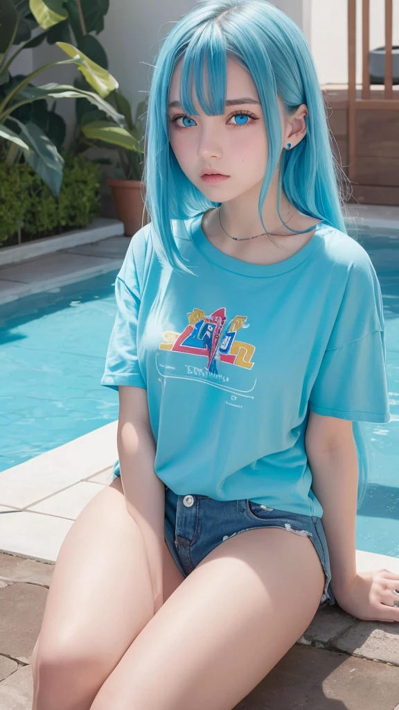A teenage girl with blue eyes and aqua colored hair, in an oversized t-shirt Is playing games