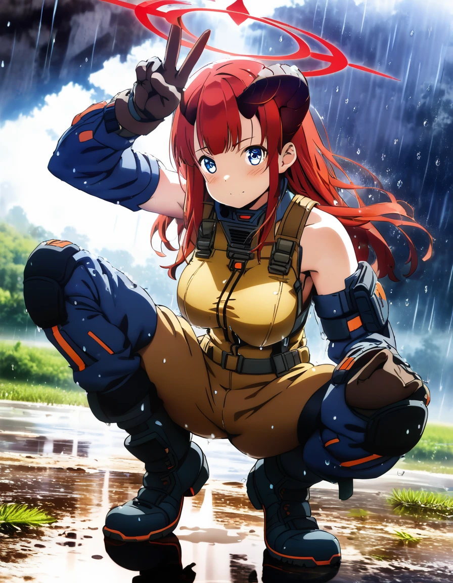 face_focus,looking at viewer,solo,long hair,halo,blue eyes,gloves,bangs,bare shoulders, 19 years old, large breasts, triple D cup breasts, round buttocks, bubbly buttocks, wide hips, bubbly ass, fit and strong, amazing composition,beautiful,incredible lighting,horns,long red hair,morose facial expression,raw photo,squatting,head up,backless overalls,farm,rain,puddle,double exposure,cyberpunk,tactical gear,(exosuit:0.4),(cyborg woman:0.4),futuristic,wearing boots,incredibly absurdres,artbook,Cinematic Lighting,complex background,detailed cyberpunk background,v,arm_up,