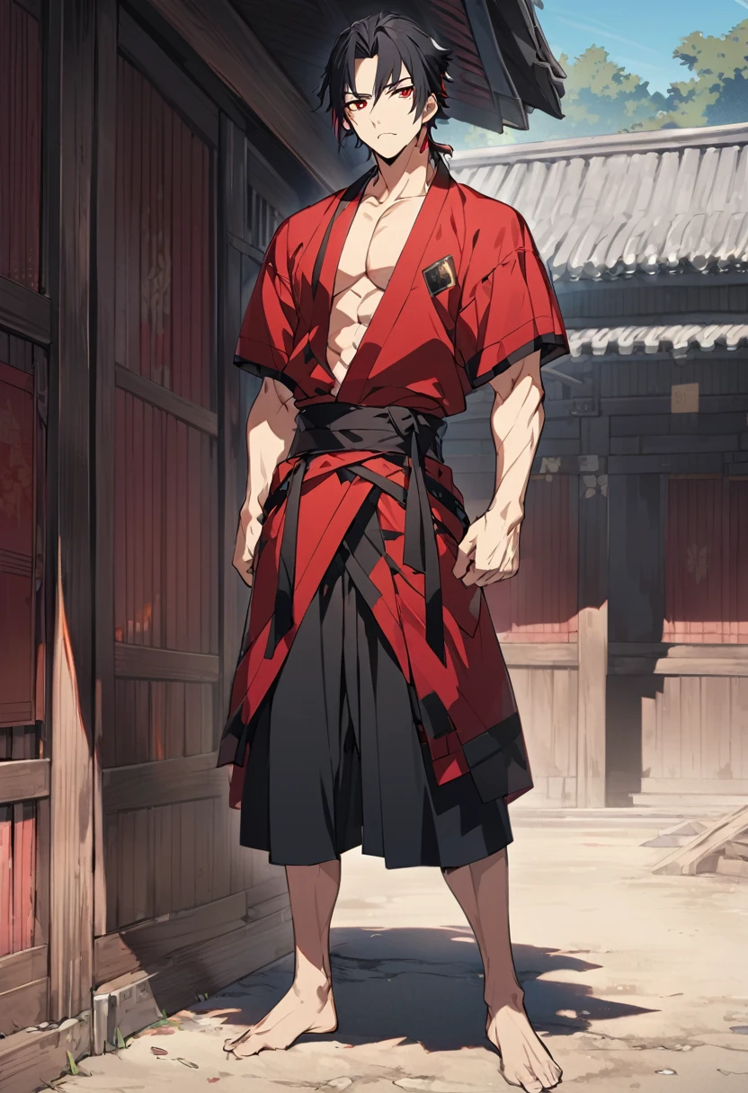 A anime man, black short hair, mullet haircut split in the middle, red eye, black and red kimono, standing, full body, adult, slightly muscular body, blank scenery