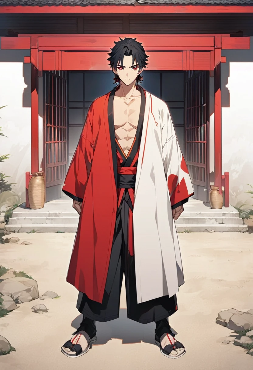 A anime man, black short hair, mullet haircut split in the middle, red eye, black and red kimono, standing, full body, adult, slightly muscular body, blank scenery