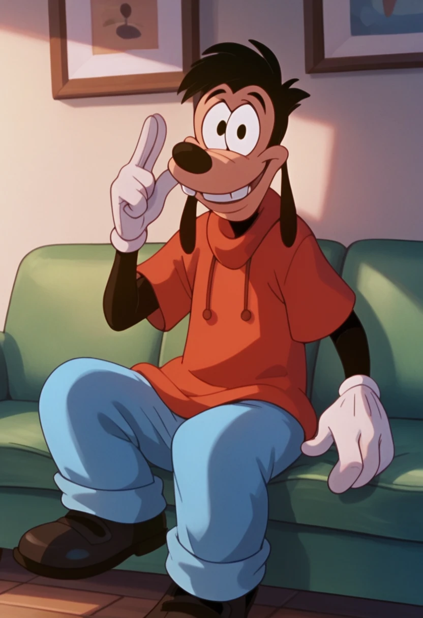 max, dog nose, male focus, animal ears, 1boy, solo, black hair, red hoodie, black eyes, white gloves, furry male, evil smile, blue pants, score_9, score_8_up, score_7_up, score_6_up, score_5_up, score_4_up, looking at viewer, sitting on couch, in living room, 