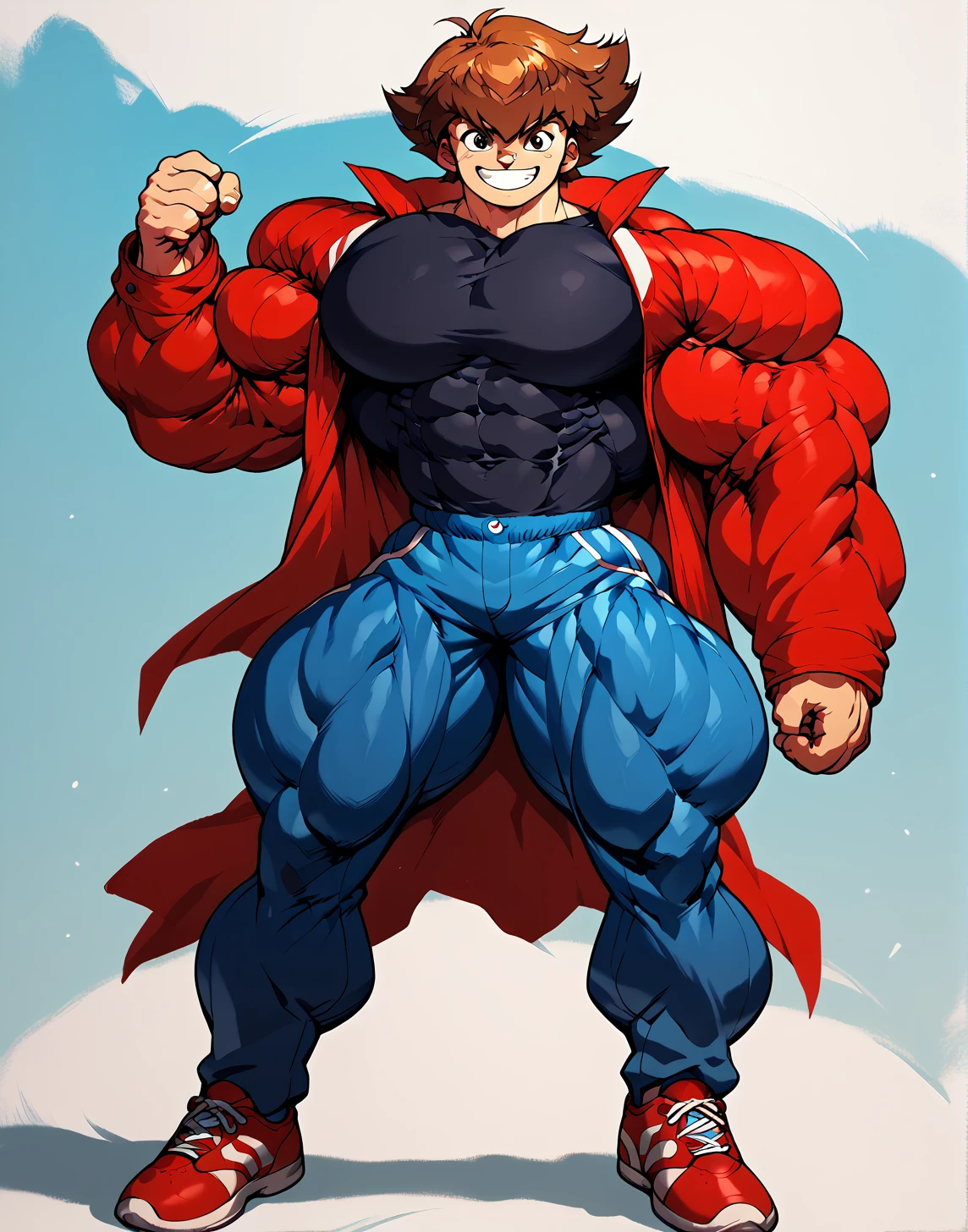 alone, Whole body,smiling , muscular, hypermuscle, huge muscle, big muscles, pectoral muscle , 1 chico  , big pecs , muscular thighs, muscular glutes  , young , cheered up , yu give oh! , jaden yuki  , black shirt, Red jacket, blue pants, Red shoes, Brown hair , pokkuti , hyper
muscular , boy, male, 