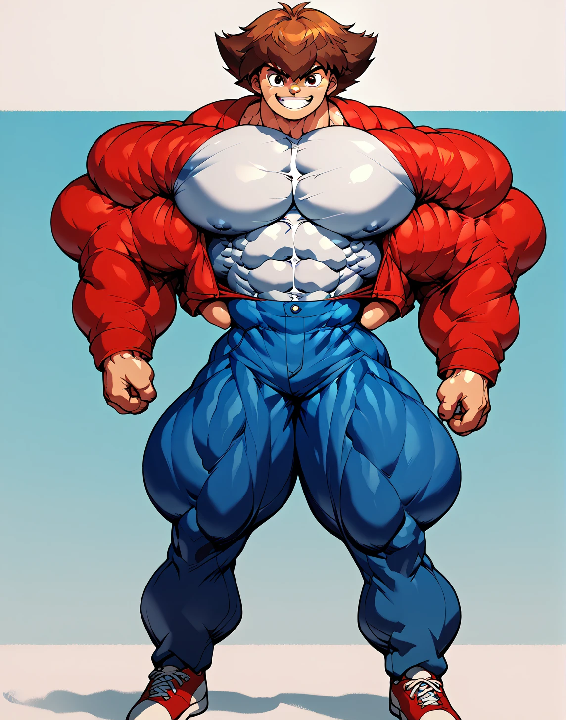 alone, Whole body,smiling , muscular, hypermuscle, huge muscle, big muscles, pectoral muscle , 1 chico  , big pecs , muscular thighs, muscular glutes  , young , cheered up , yu give oh! , jaden yuki  , black shirt, Red jacket, blue pants, Red shoes, Brown hair , pokkuti , hyper
muscular , boy, male, 