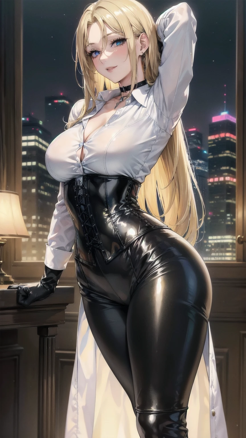 masterpiece, Superior image quality, High resolution, 4k image,photo and gross, photorealistic, whole body, 1 girl, standing, stretching up, arms extended upward, {{{vagina}}}, beautiful face, long blonde hair, blue eyes, very detailed eyes, seductive expression, draw smile, choker:1.6, (white collar button down long sleeve shirt), black gloves, gloves that cover hands, (black leather corset), (shiny black leggings), Sensual Lips, show details in the eyes, View from the front, looking at the viewer, Elegant living room, at night