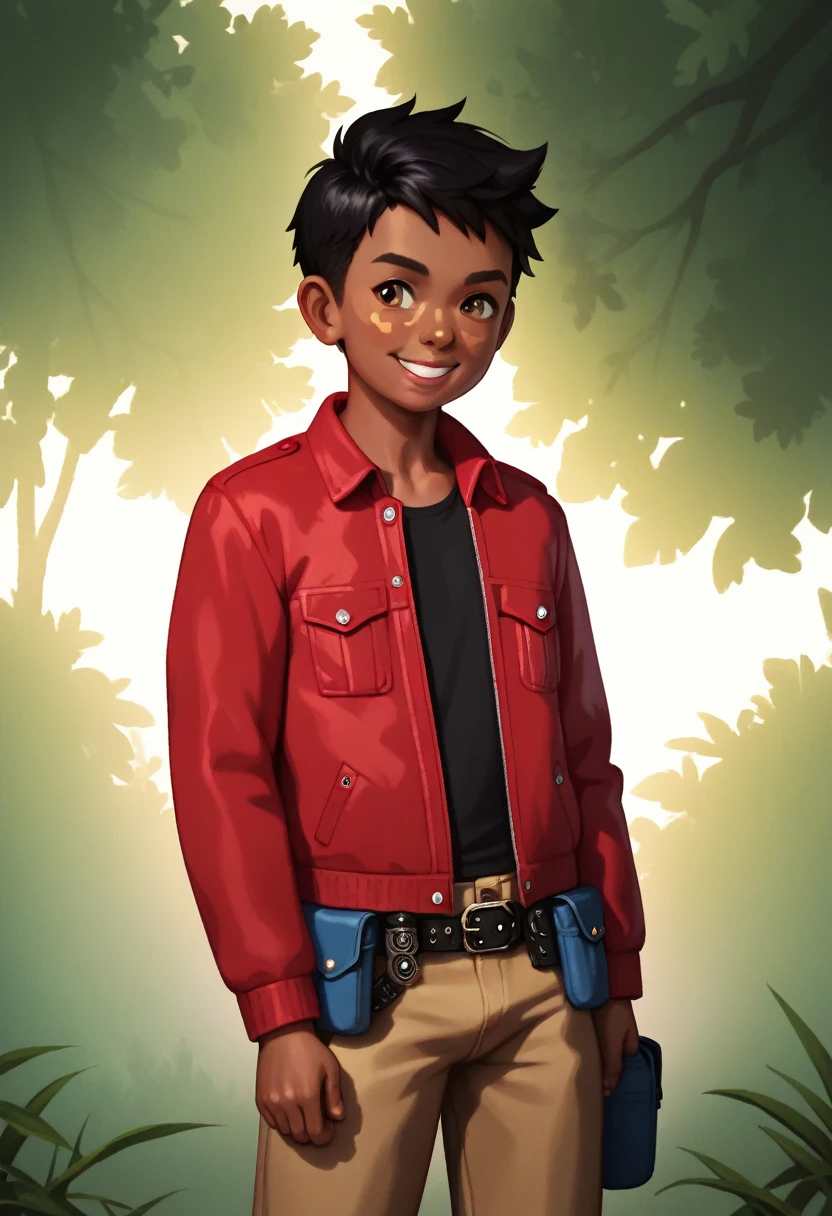 (((Masterpiece))), best quality, cowboy shot, perfect anatomy, (detailed face), outdoors, sunny, warm sunlight, ((realistic faces)), realistic anatomy, painterly)) 1boy, (shota), solo, smile, dark skin, black hair, fanny pack, red jacket, three quarter view, simple background