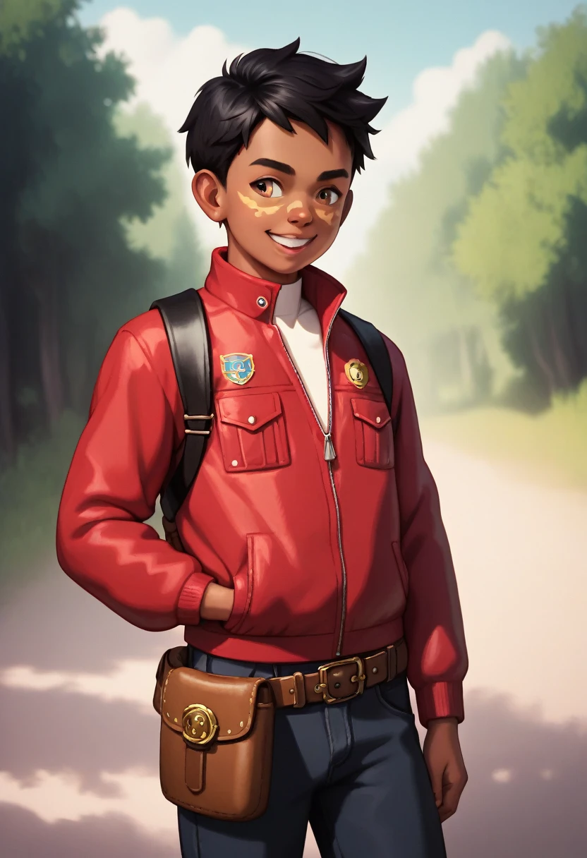 (((Masterpiece))), best quality, cowboy shot, perfect anatomy, (detailed face), outdoors, sunny, warm sunlight, ((realistic faces)), realistic anatomy, painterly)) 1boy, (shota), solo, smile, dark skin, black hair, fanny pack, red jacket, three quarter view, simple background
