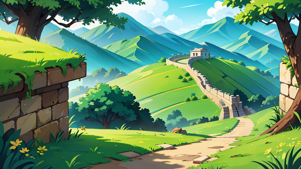 chibi landscape image, bright colors, green grass, perfect lighting, great wall of china style stone wall with a dirt road leading away from it