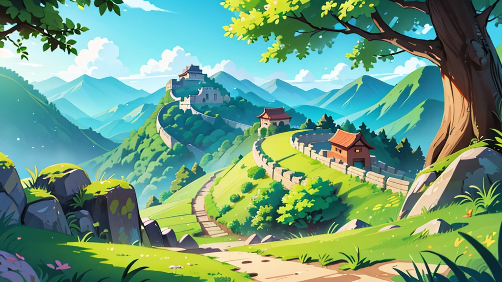 chibi landscape image, bright colors, green grass, perfect lighting, great wall of china style stone wall with a dirt road leading away from it