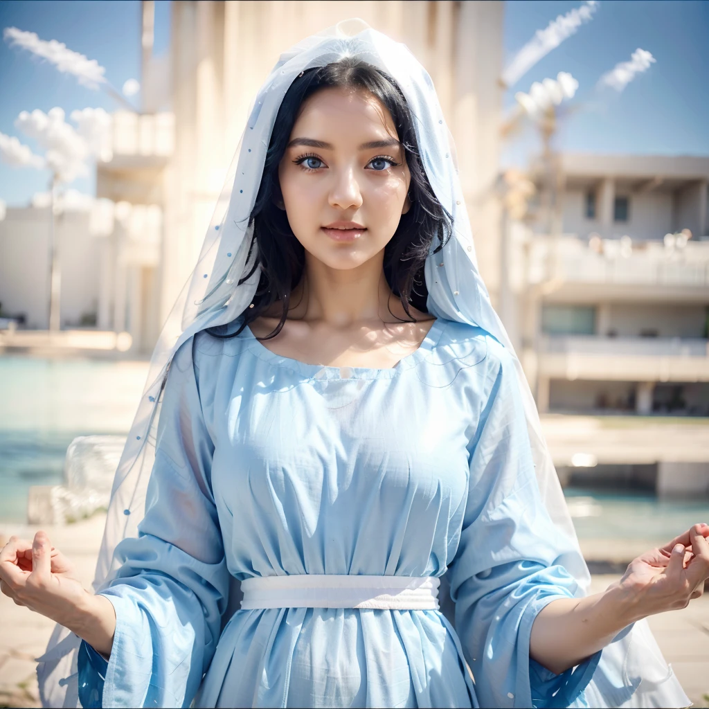 Beautiful woman with light blue eyes, curly black hair, wearing a blue tunic with wide, long sleeves adjusted at the waist by a white sash. Wear a thick white veil. She has open arms. Beautiful female hands