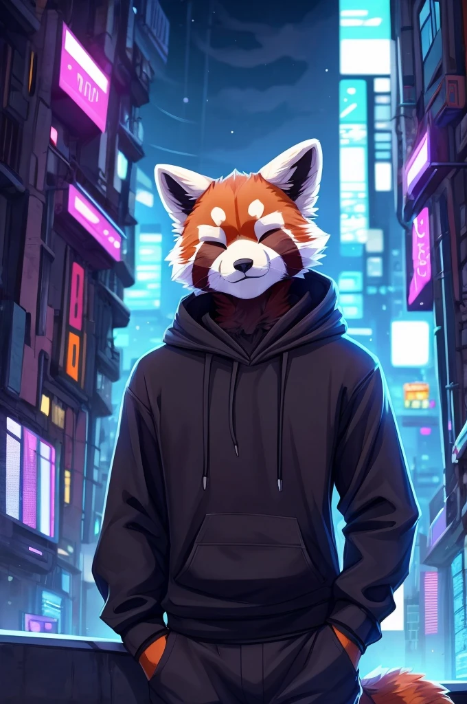 red panda, hioshiru, pur, anthro, male, bare, clothes, fourrure, 2022, black clothes, sweatshirt à capuche, black top, eyes closed, black sweatshirt à capuche, cyberpunk city background