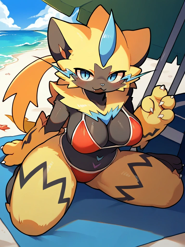 score_8_up, score_7_up, score_6, source_furry, source_anime, ((furry, kemono, anthro)), female, solo, zeraora,big breasts,beach,sexy body,(cute swimwear),fur