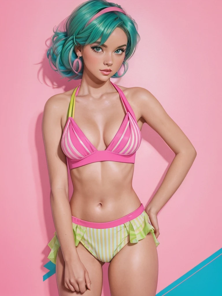score_9, score_8, score_7,A stunning illustration, pink green-haired goddess, dressed in 1980s womens fashion, 1980s pop hair styles, pale skin, tube top, halter top, a beauty pinup art style, graphic design, flat colours, Neon Green Neon Pink Neon Yellow palette, background 1 flat colour, Stripes and triangles. Portrait Style.