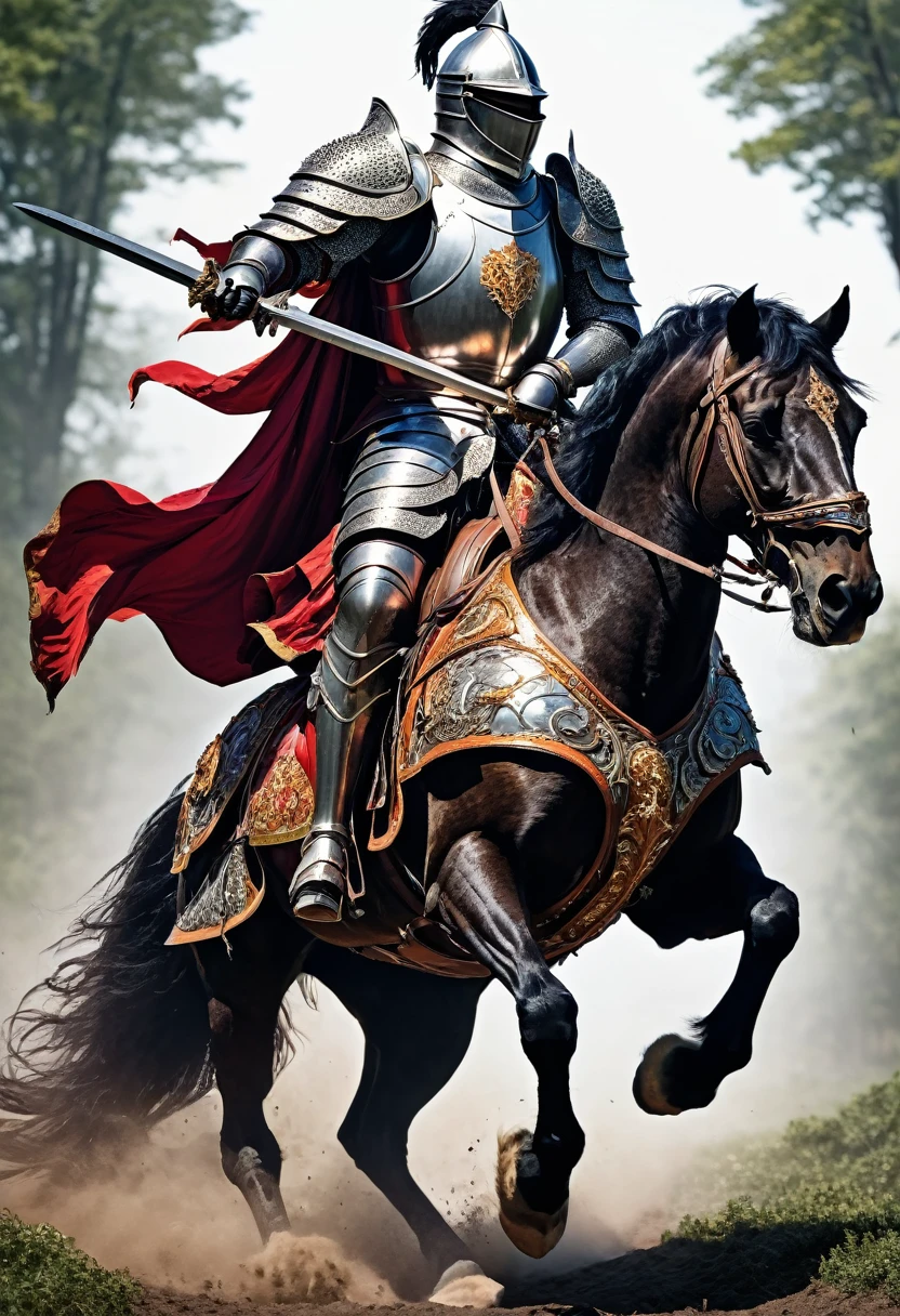 A knight in flamboyant armor riding a monstrous horse in elder ring style without background
