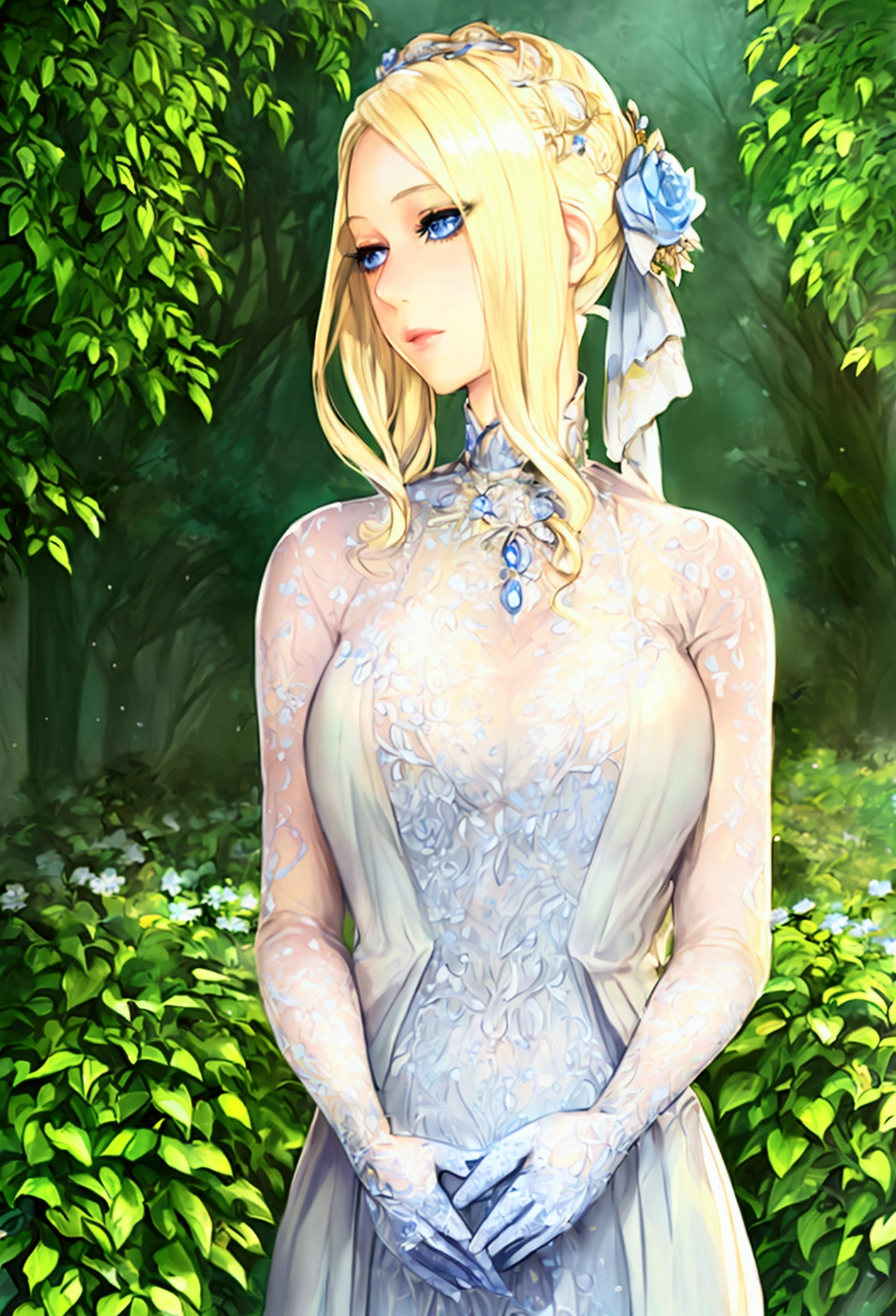 a beautiful blonde girl with blue eyes, detailed face, long eyelashes, detailed eyes, detailed lips, elegant dress, serene expression, standing in a lush garden, warm lighting, photorealistic, highly detailed, 8k, best quality, masterpiece