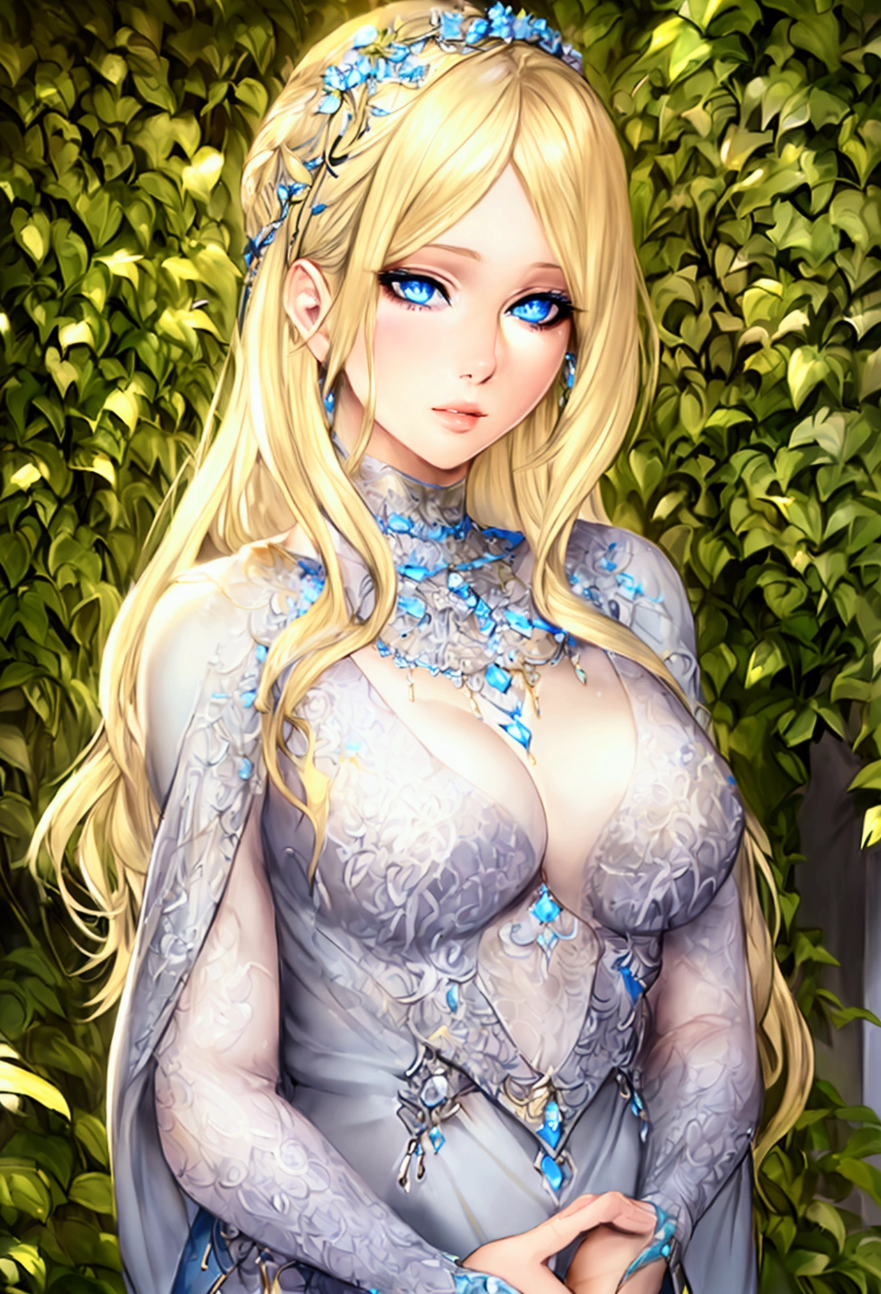 a beautiful blonde girl with blue eyes, detailed face, long eyelashes, detailed eyes, detailed lips, elegant dress, serene expression, standing in a lush garden, warm lighting, photorealistic, highly detailed, 8k, best quality, masterpiece