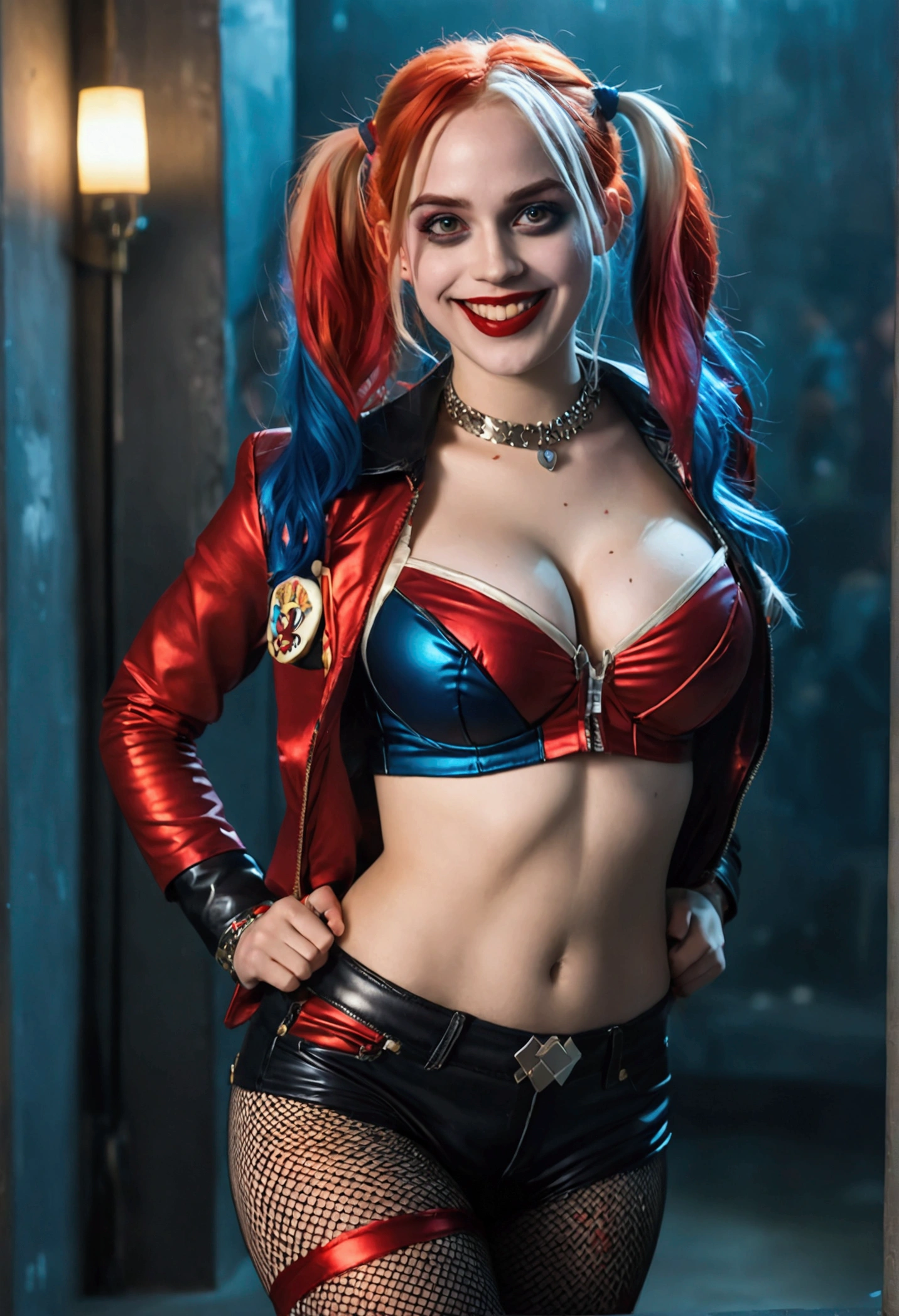 ultra realistic, photography, long red hair, girl, 24 years old, hourglass figure, perfect body, Flirty look, extremely detailed artgerm, in the style artgerm, small breasts, facing the camera, lens 35 mm, blur background, red and blue Harley Quinn costume (from the 2016 suicide squad movie), lively costume party as background, laughing, full body picture, full body, fishnet tights