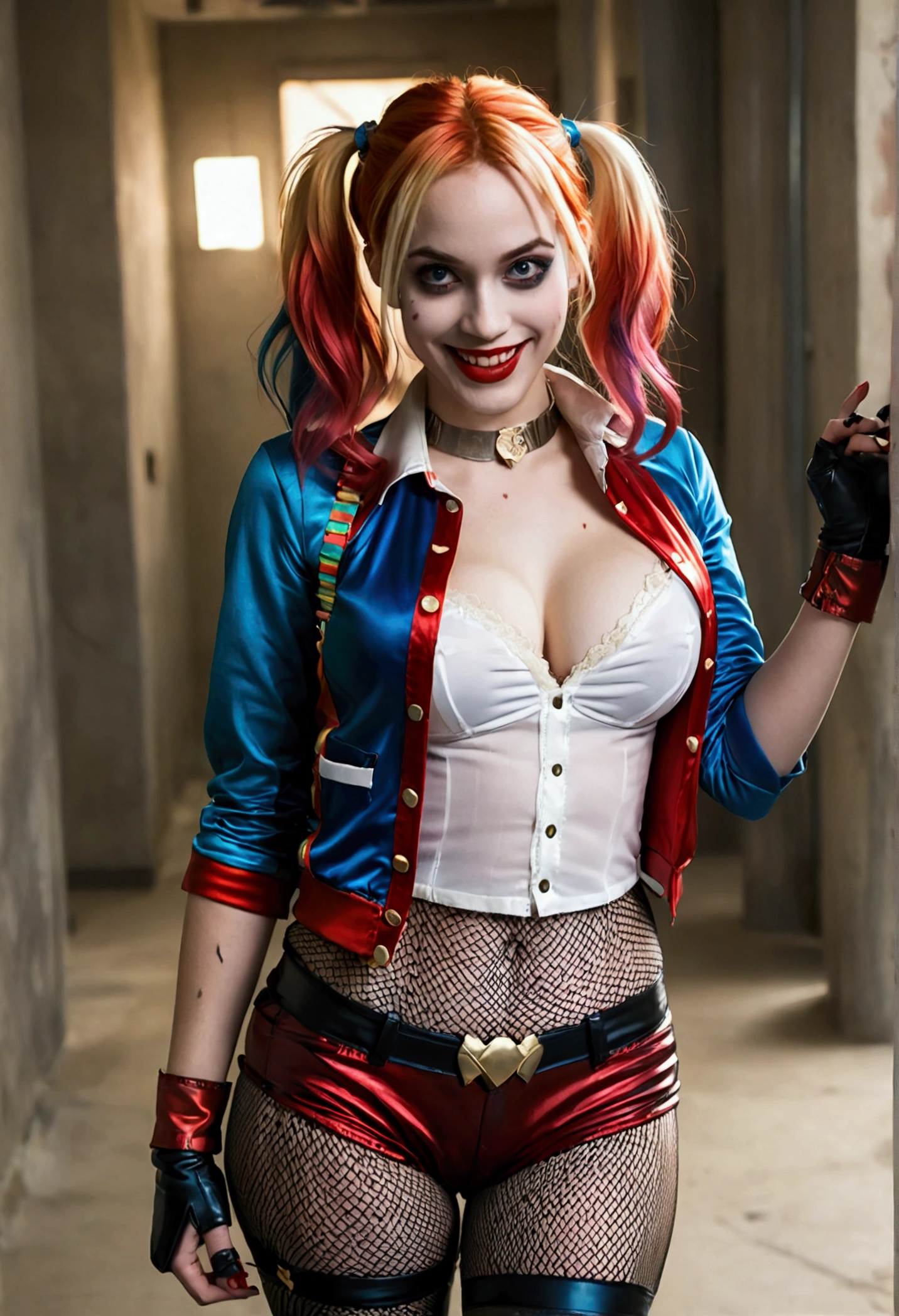ultra realistic, photography, long red hair, girl, 24 years old, hourglass figure, perfect body, Flirty look, extremely detailed artgerm, in the style artgerm, small breasts, facing the camera, lens 35 mm, blur background, red and blue Harley Quinn costume (from the 2016 suicide squad movie), lively costume party as background, laughing, full body picture, full body, fishnet tights