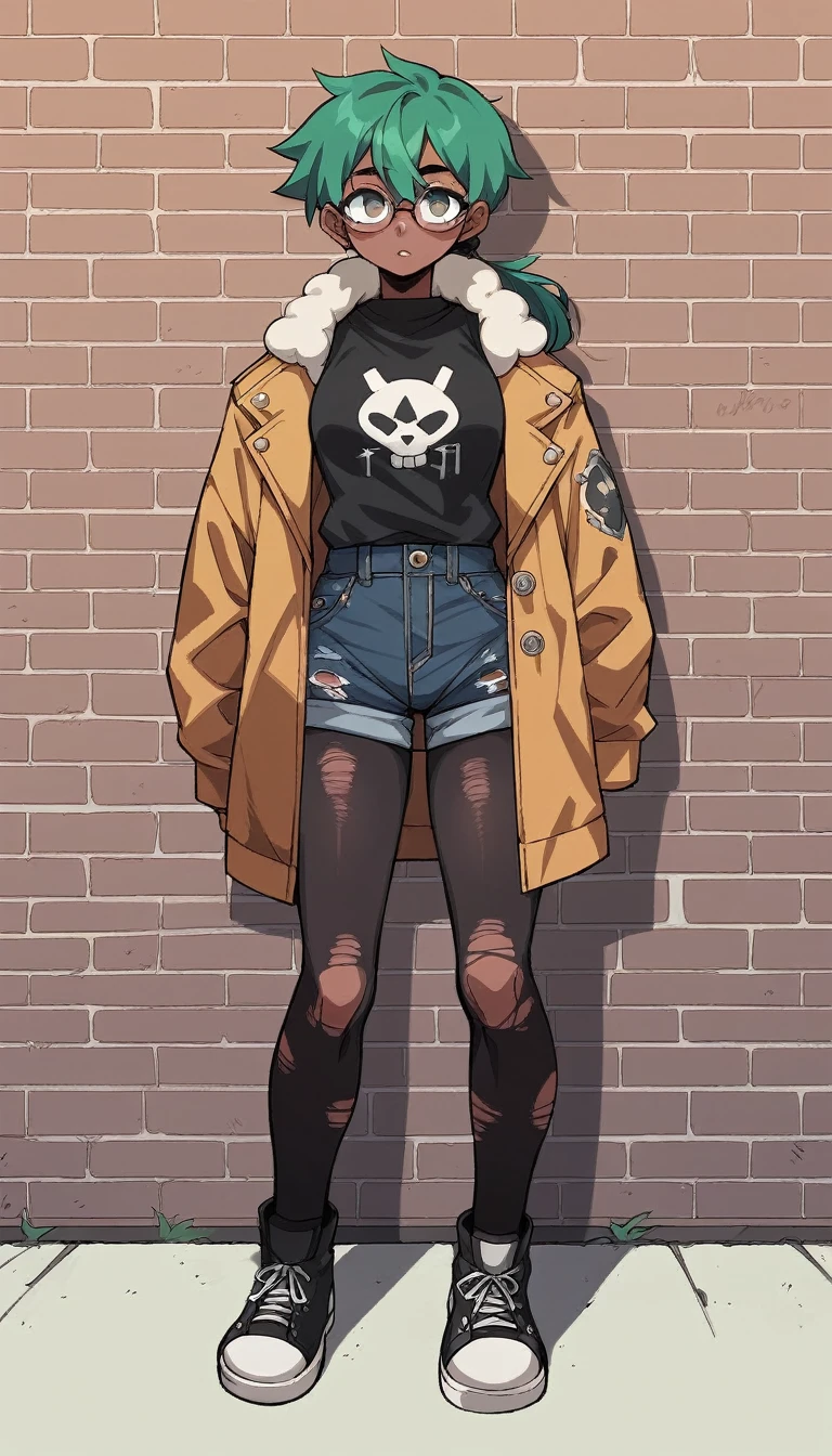 bright green hair, and a ponytail standing in front of a brick wall, glasses, full body portrait of a short!, cel - shaded art style, character full body portrait, full body close-up shot, a character portrait, dressed in a wool jacket, tall female emo art student, black jean shorts, black pantyhose, , dark skin, torn black shirt, full body character portrait,

