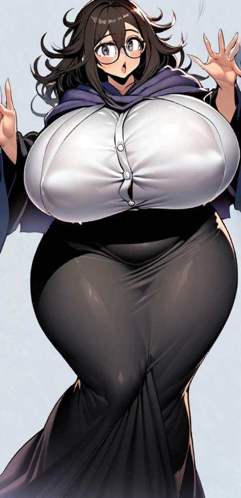 Nerdy woman, thick glasses, messy hair, gigantic breast, extremely wide hips, baggy clothes