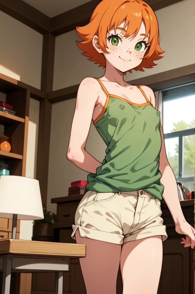 1girl, sxfrances, short hair, orange hair, green eyes, freckles, camisole, smile, solo, looking at viewer ,small breasts,shorts,indoor,(nsfw)