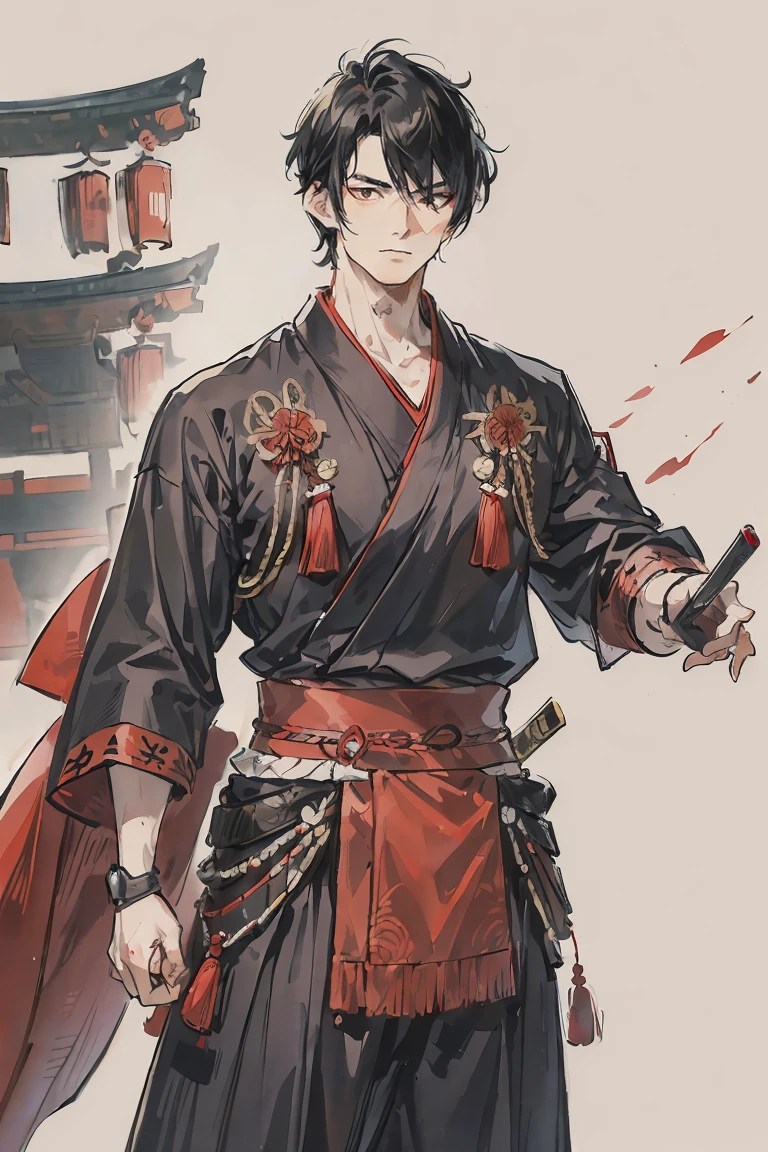 sparrow, a black haired men, wearing a red samurai armor, short hair, fasion hair, samurai armor, slim body, shirt ornament, hakama, men, handsome face, tall 187cm, 25yearold, samurai, male