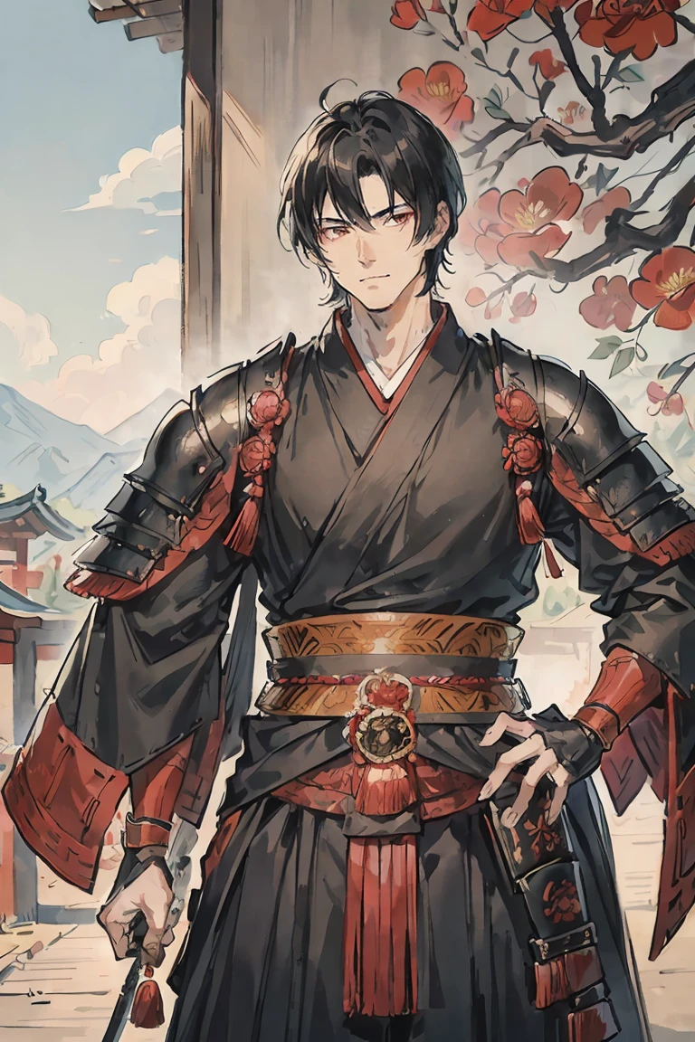 sparrow, a black haired men, wearing a red samurai armor, short hair, fasion hair, samurai armor, slim body, shirt ornament, hakama, men, handsome face, tall 187cm, 25yearold, samurai, male