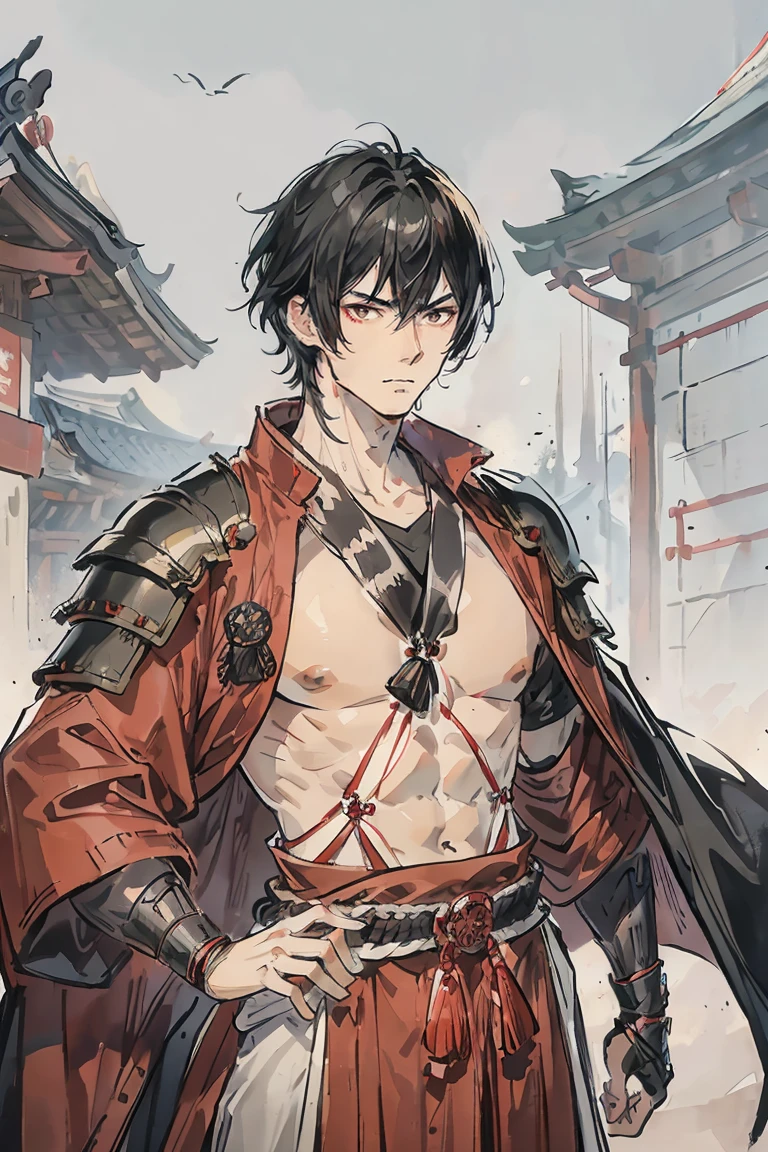 sparrow, a black haired men, wearing a red samurai armor, short hair, fasion hair, samurai armor, slim body, shirt ornament, hakama, men, handsome face, tall 187cm, 25yearold, samurai, male