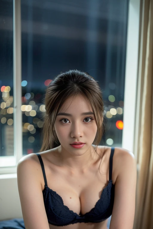 realistic, Hot girl wearing a navy blue bra, An absent-minded attitude, big breasts, cute sexy poses, In a small skyscraper bedroom at night, mood light, Window with night city view, raindrops on the window, Rainy night, Volumetric light, movie light, depth of field, Bokeh, Masterpiece,