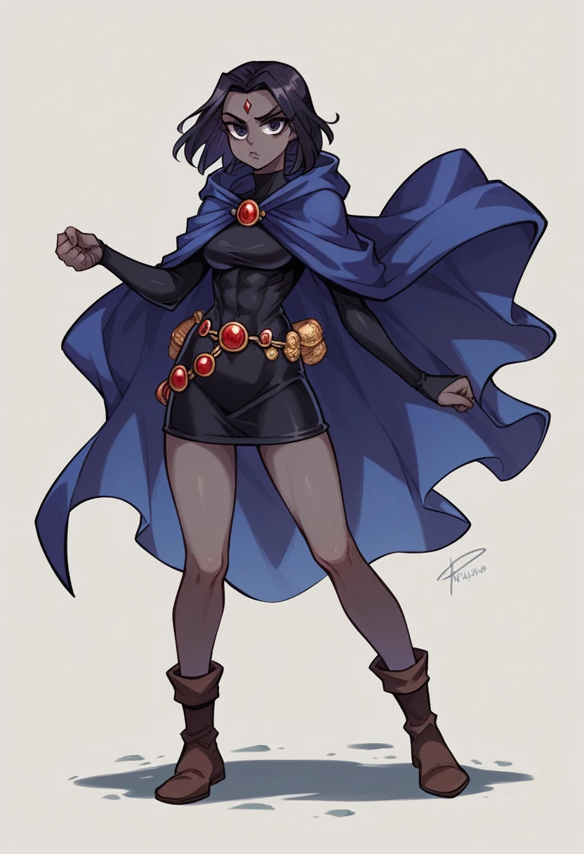 1 adult girl, Raven, black skin black leotard, black cloack, hooded cloak, knee-length Greek skirt, booties, long hair, wavy black hair, forehead jeauel, purples eyes, medieval belt, firm skin, standing, toned, breastsout, battle pose, (posando)), Lines of movement, portraite, b&au. Contour, whole body